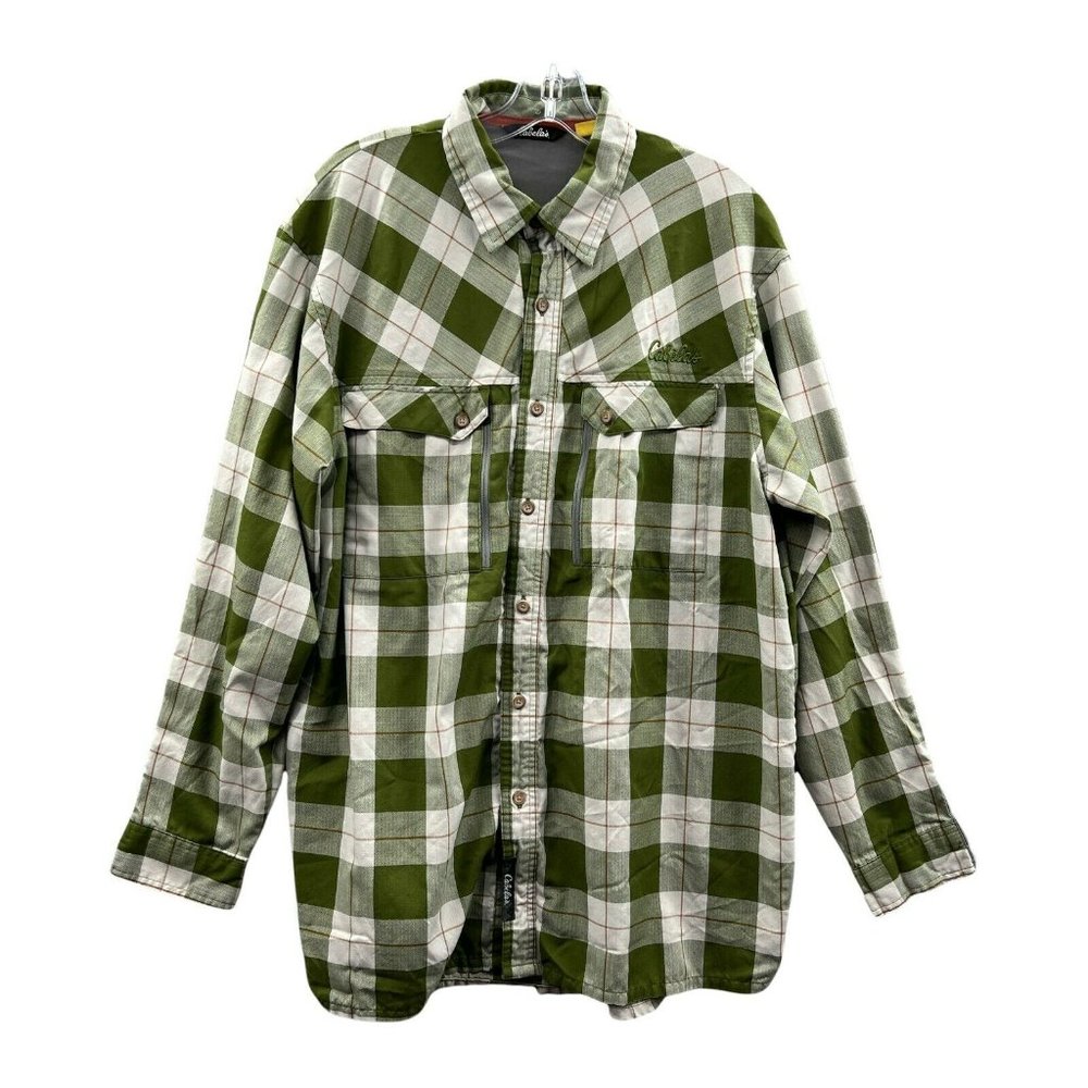Cabelas Shirt Mens Large Long Sleeve Green Plaid Zipper Pockets Outdoor …